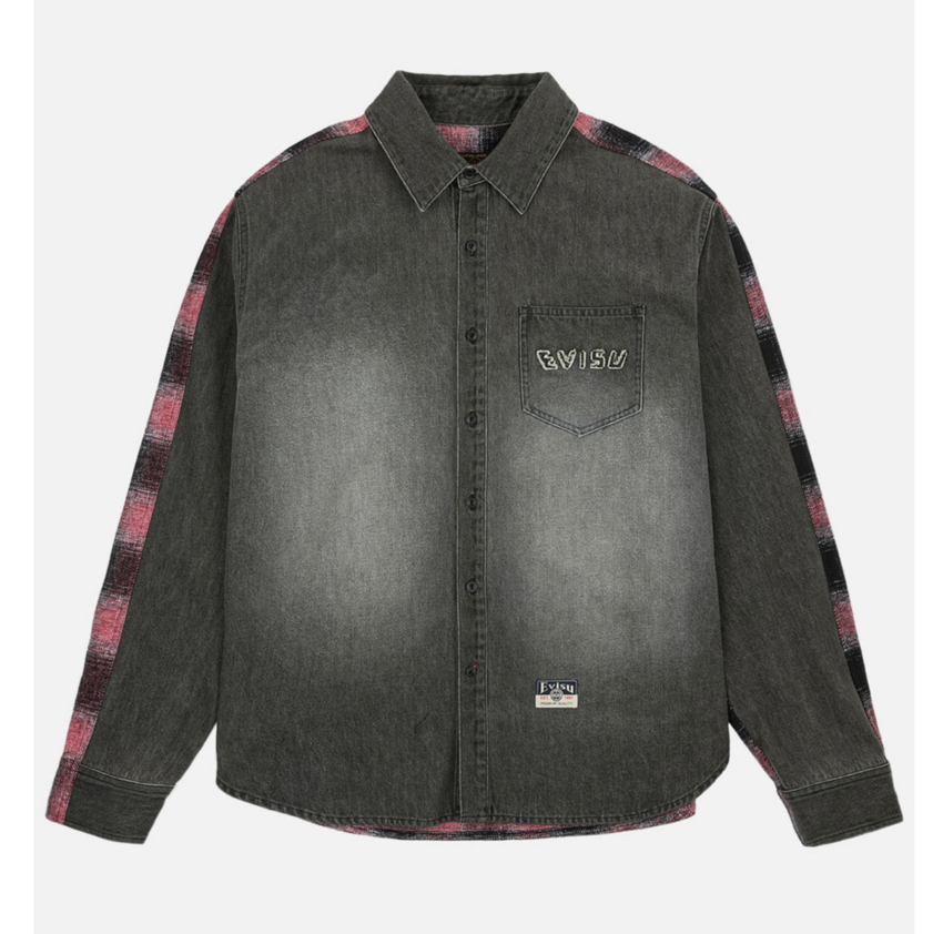 EVISU Fabric Blocking LS Denim Shirt Dark Tone Black Denim