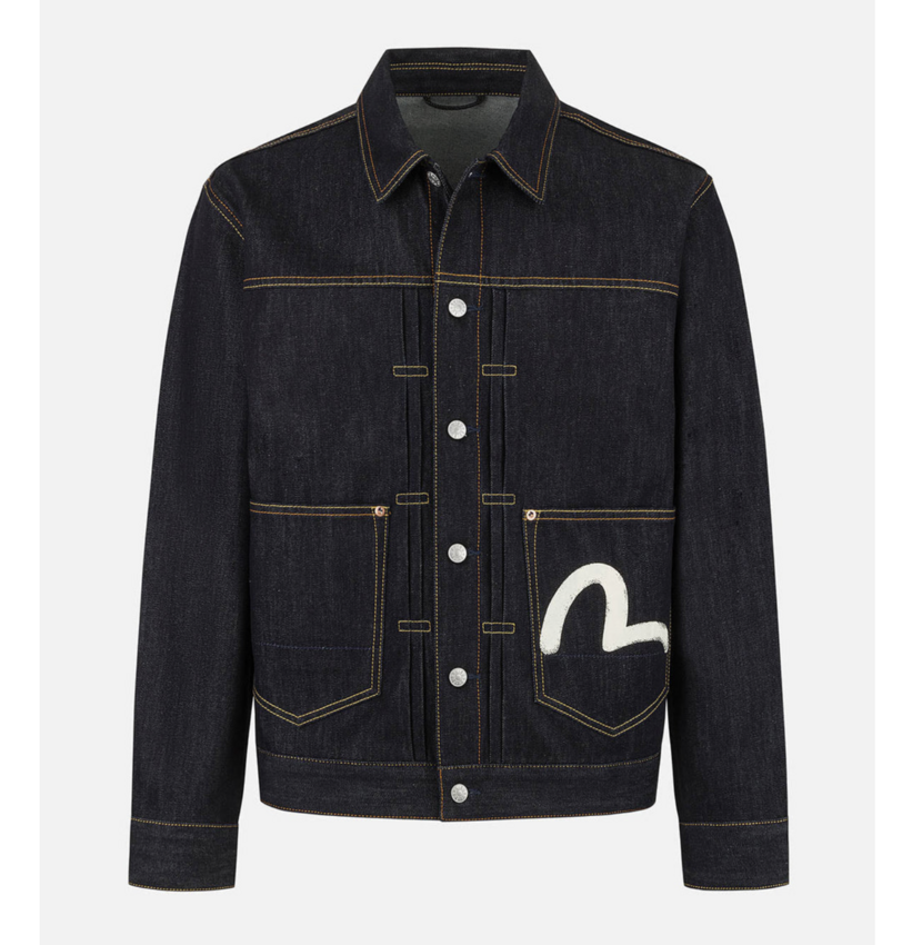 EVISU Ecru Seagull Printed Denim Jacket Raw Indigo