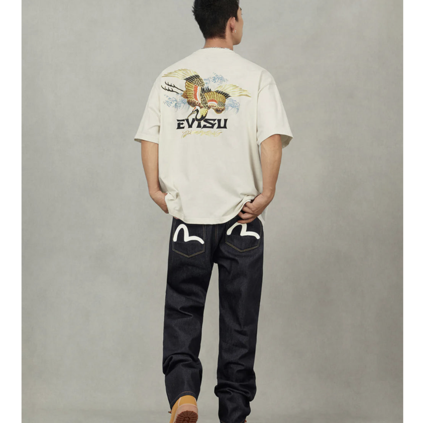 EVISU Ecru Seagull Print Jeans Raw Indigo