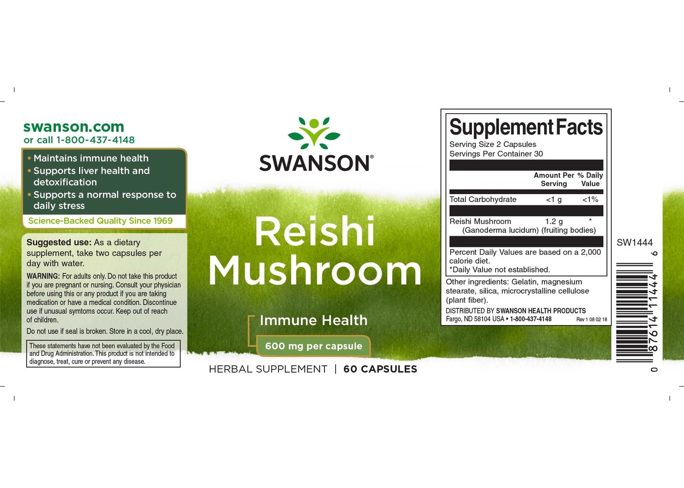 Swanson Reishi Mushroom, 600 mg, 60 Caps