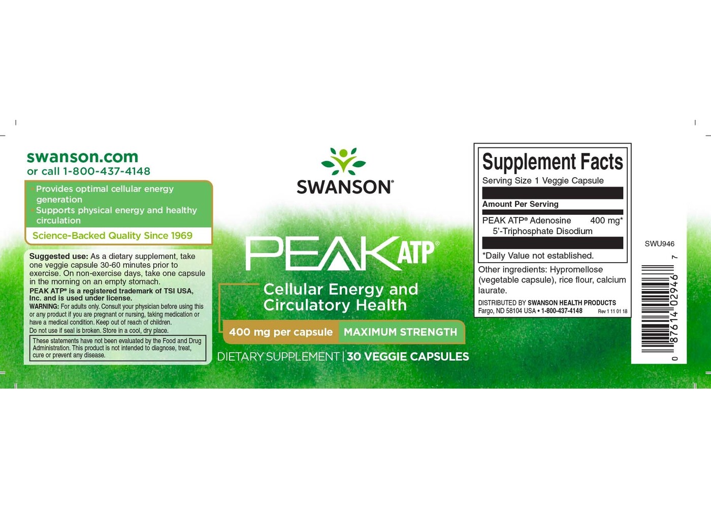 Swanson Maximum Strength Peak ATP 400, 400 mg 30 Veg Caps