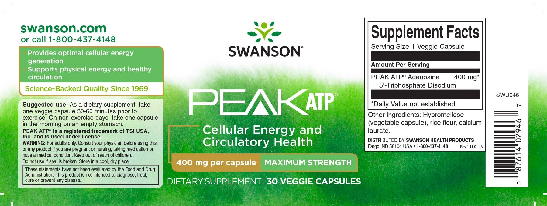 Swanson Maximum Strength Peak ATP 400, 400 mg 30 Veg Caps