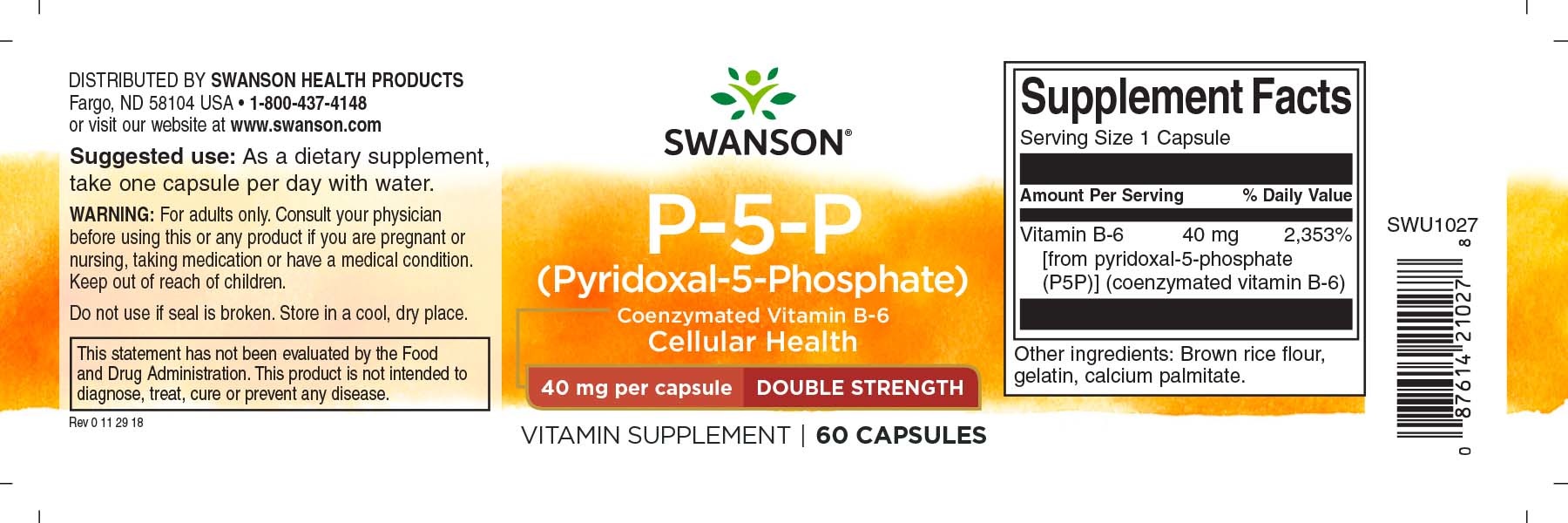 Swanson P-5-P (Pyridoxal-5-Phosphate) Coenzymated Vitamin B-6, 40 mg 60 Caps