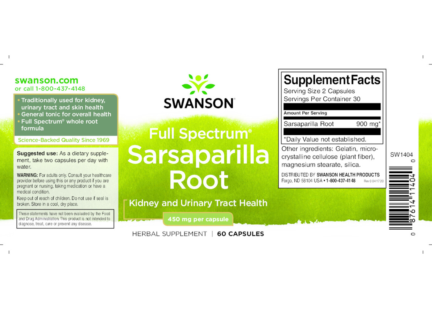 Swanson Sarsaparilla Root, 450 mg 60 Caps