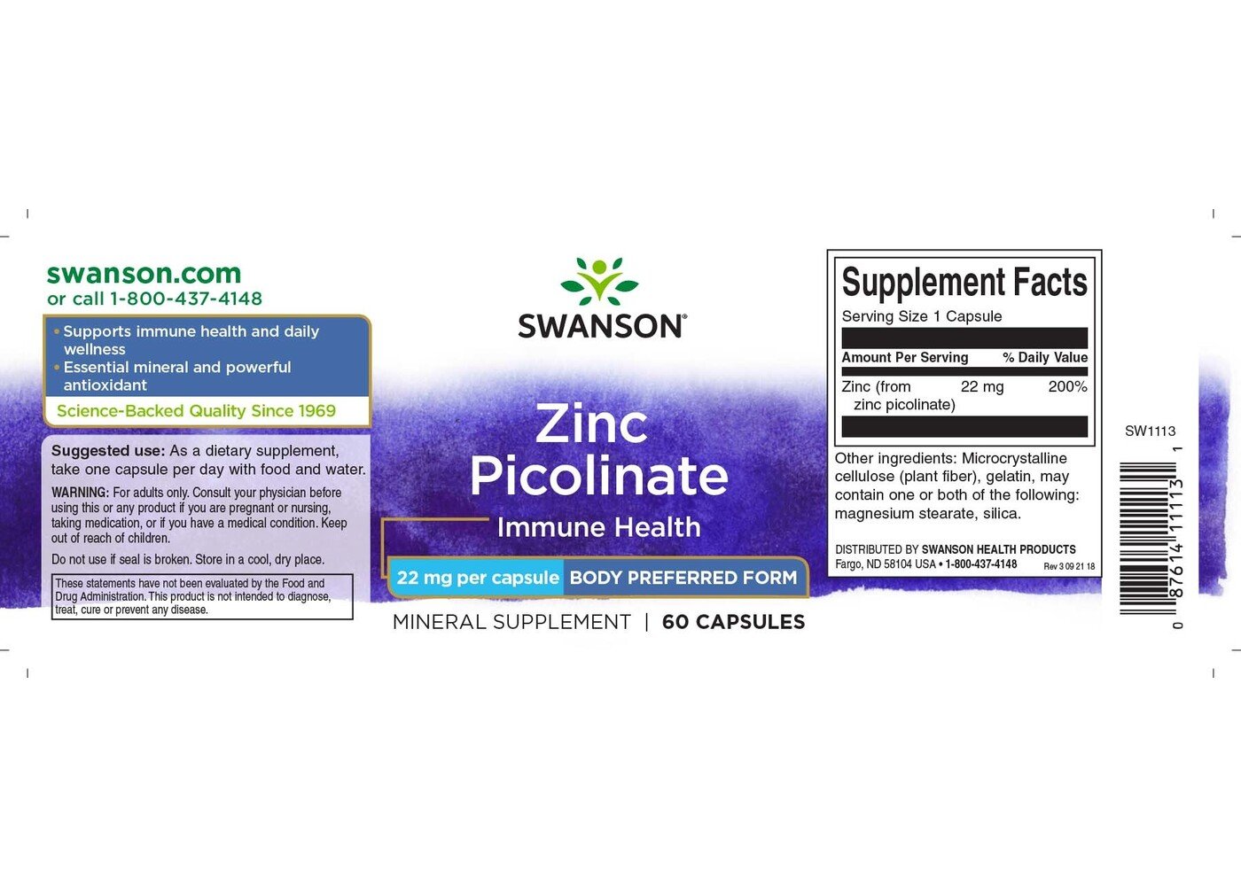 Swanson Zinc Picolinate Body Pref. Form, 22 mg 60 Caps