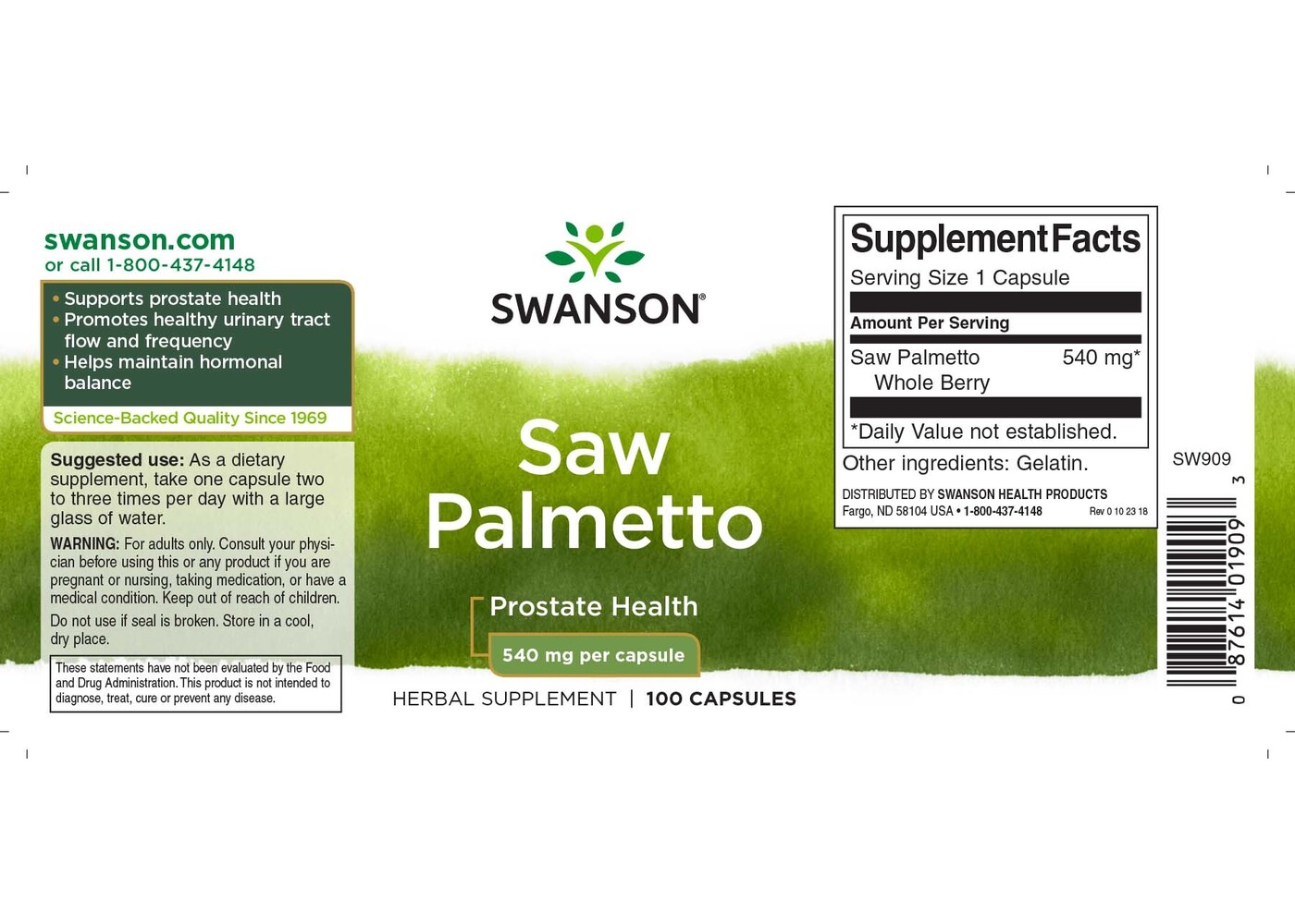 Swanson Saw Palmetto, 540 mg 100 Caps