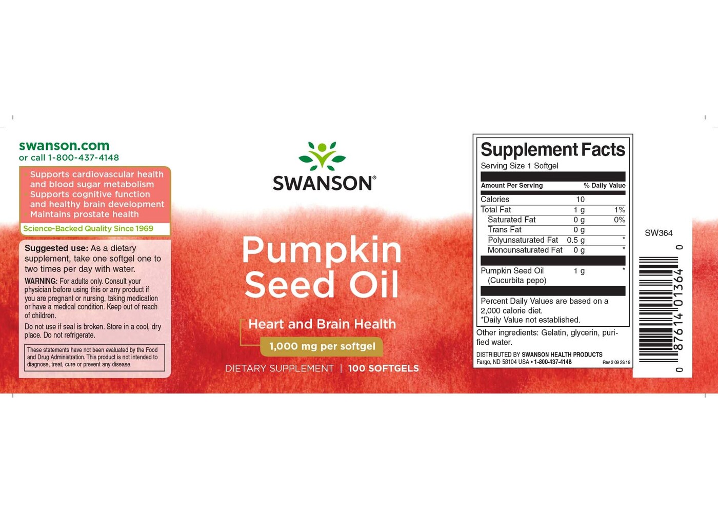 Swanson Pumpkin Seed Oil, 1,000 mg 100 Sgels