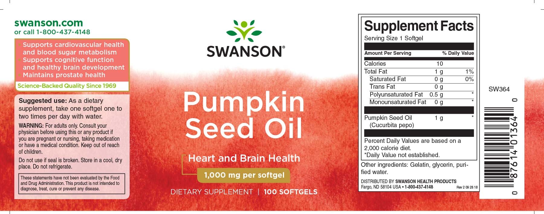 Swanson Pumpkin Seed Oil, 1,000 mg 100 Sgels