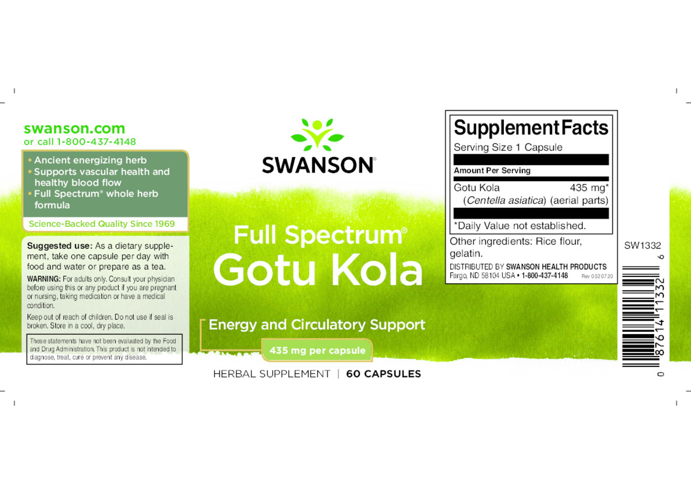 Swanson Gotu Kola, 435 mg, 60 Caps