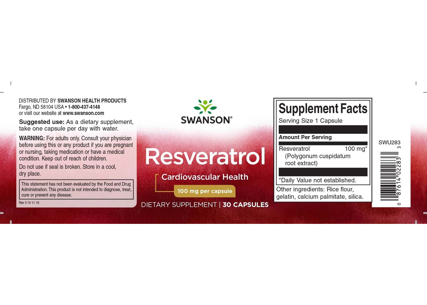 Swanson Resveratrol, 100 mg, 30 Caps