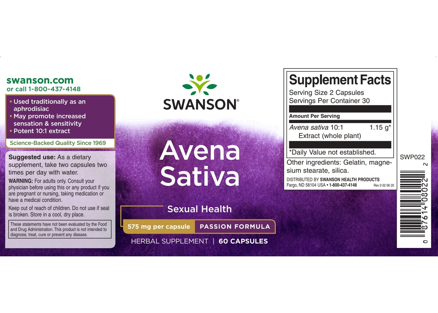 Swanson Avena Sativa for maximum potency in men, 575 mg 60 Caps