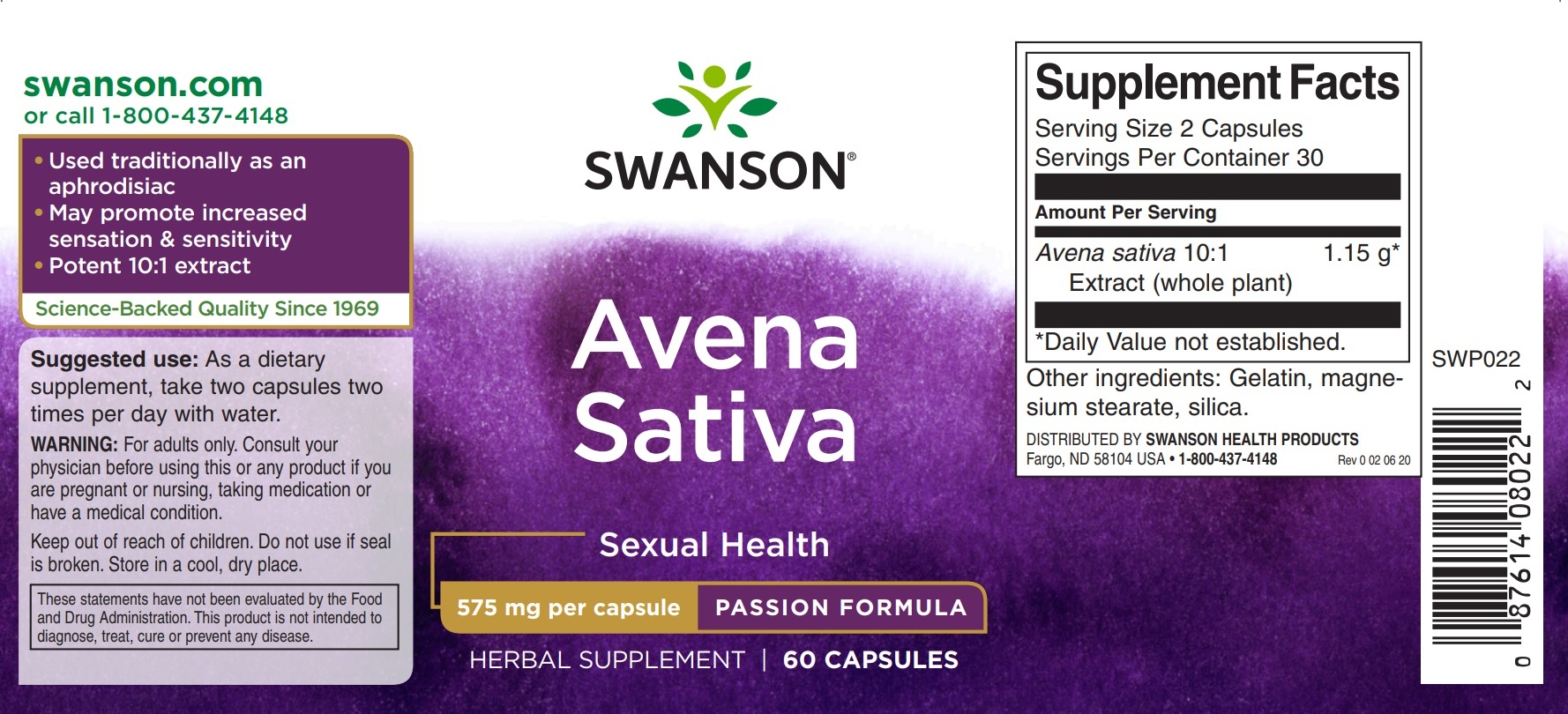 Swanson Avena Sativa for maximum potency in men, 575 mg 60 Caps