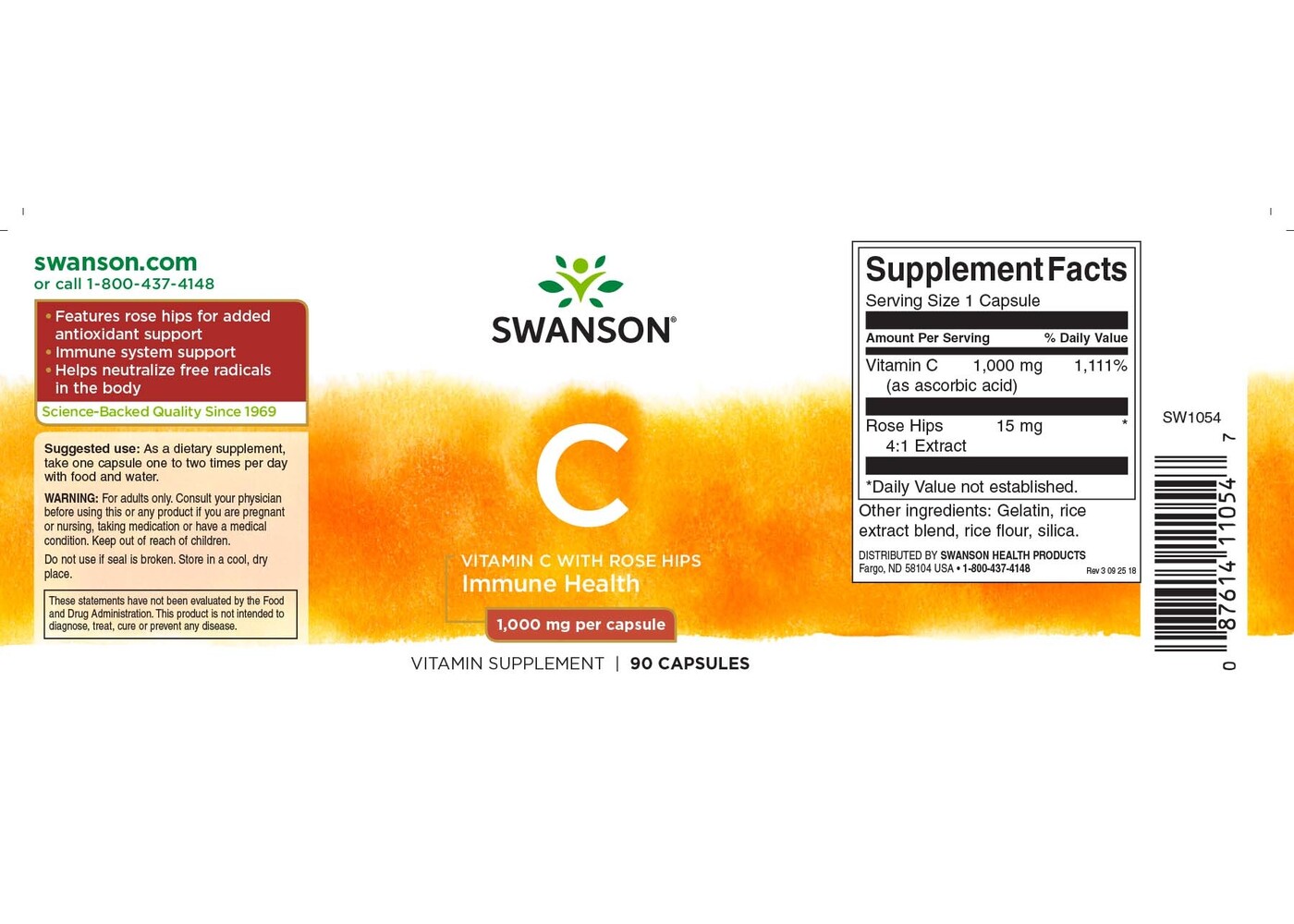 Swanson Vitamin C w/Rose Hips, 1,000 mg, 90 caps