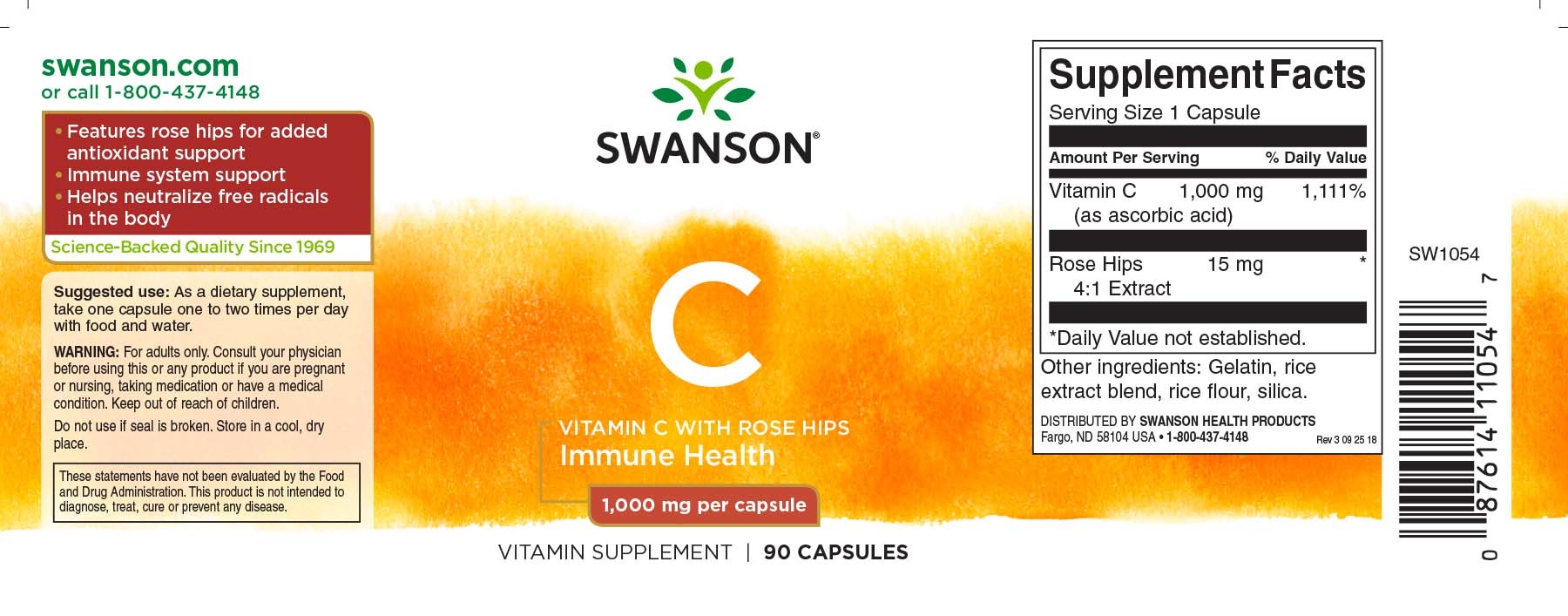 Swanson Vitamin C w/Rose Hips, 1,000 mg, 90 caps