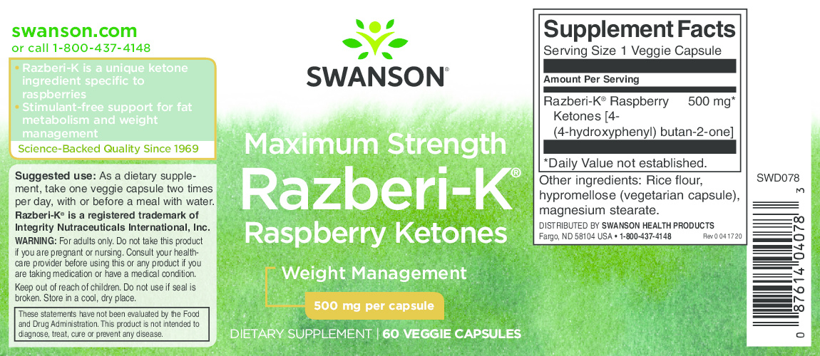 Swanson Maximum Strength Razberi-K Raspberry Ketones, 500 mg 60 Veg Caps