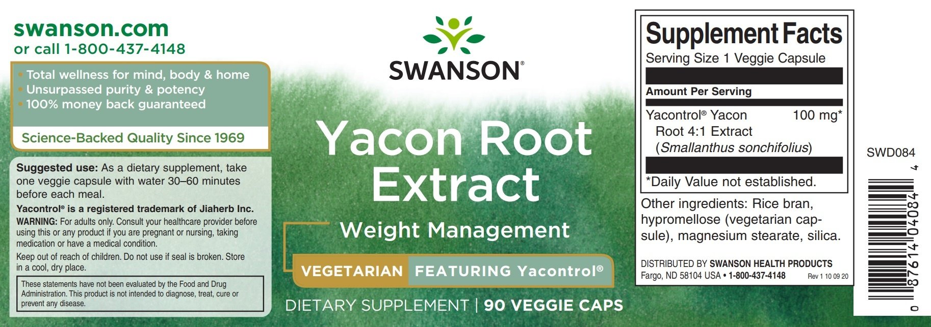 Swanson Yacontrol Yacon Root Extract 4:1, 100 mg 90 Veg Caps