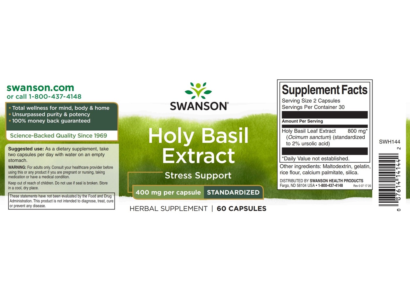 Swanson Holy Basil Extract (Tulsi), 400 mg 60 Caps