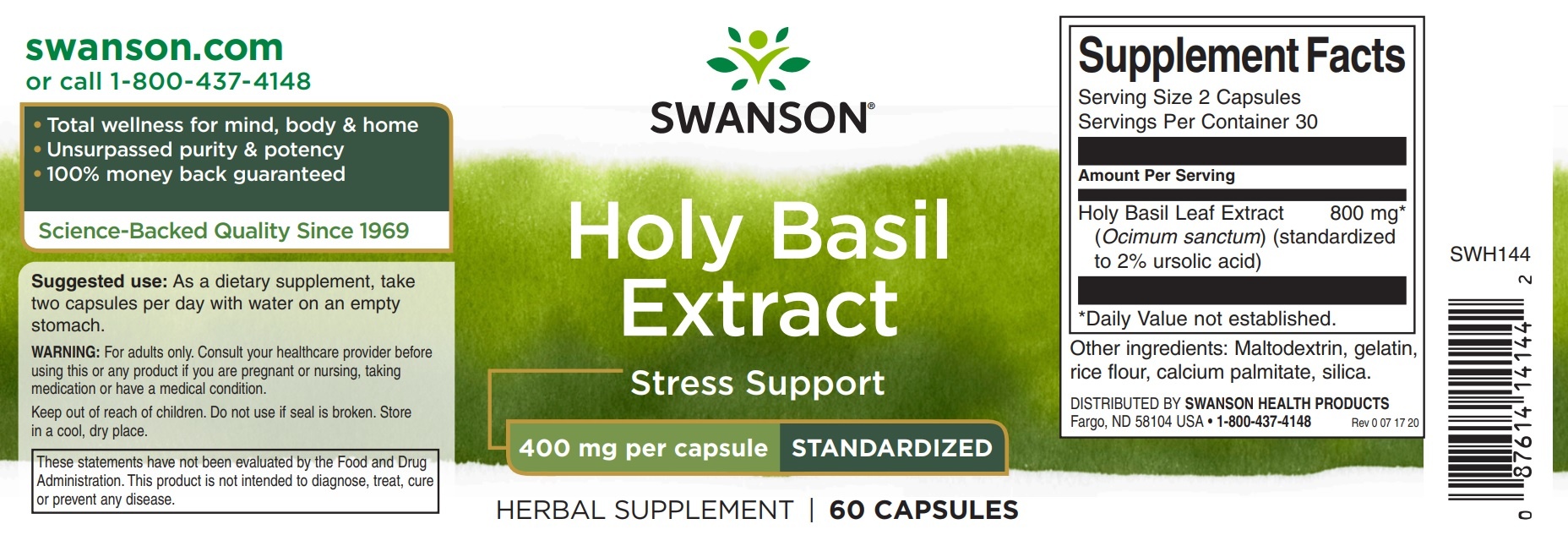 Swanson Holy Basil Extract (Tulsi), 400 mg 60 Caps