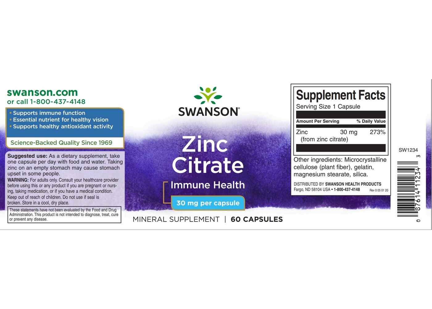 Swanson Zinc citrate, 30 mg, 60 Caps