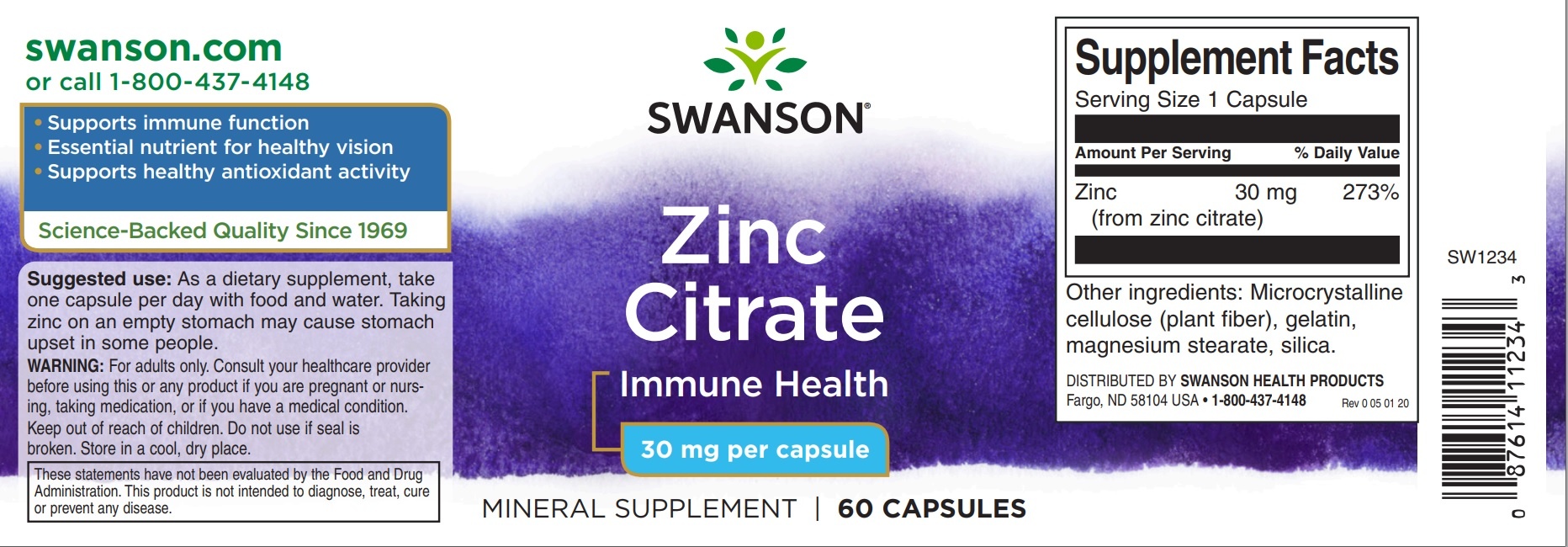 Swanson Zinc citrate, 30 mg, 60 Caps