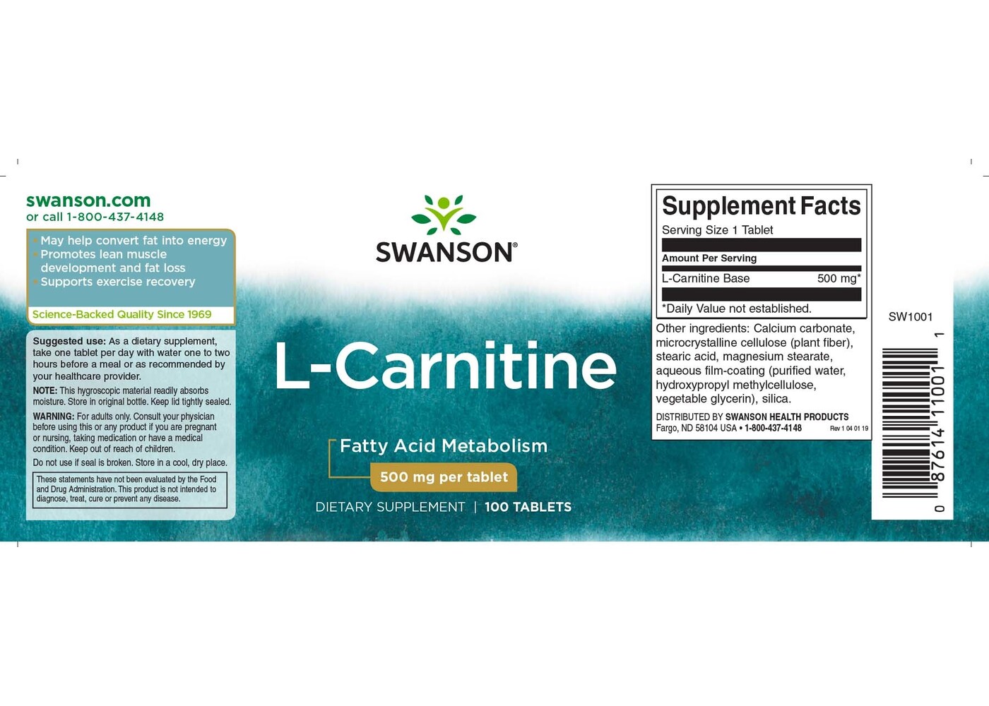 Swanson L-Carnitine, 500 mg, 100 Tabs