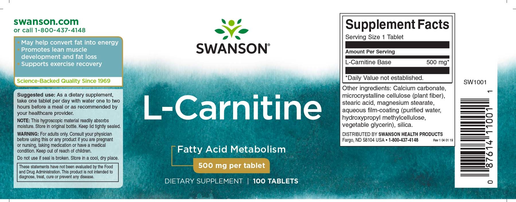 Swanson L-Carnitine, 500 mg, 100 Tabs