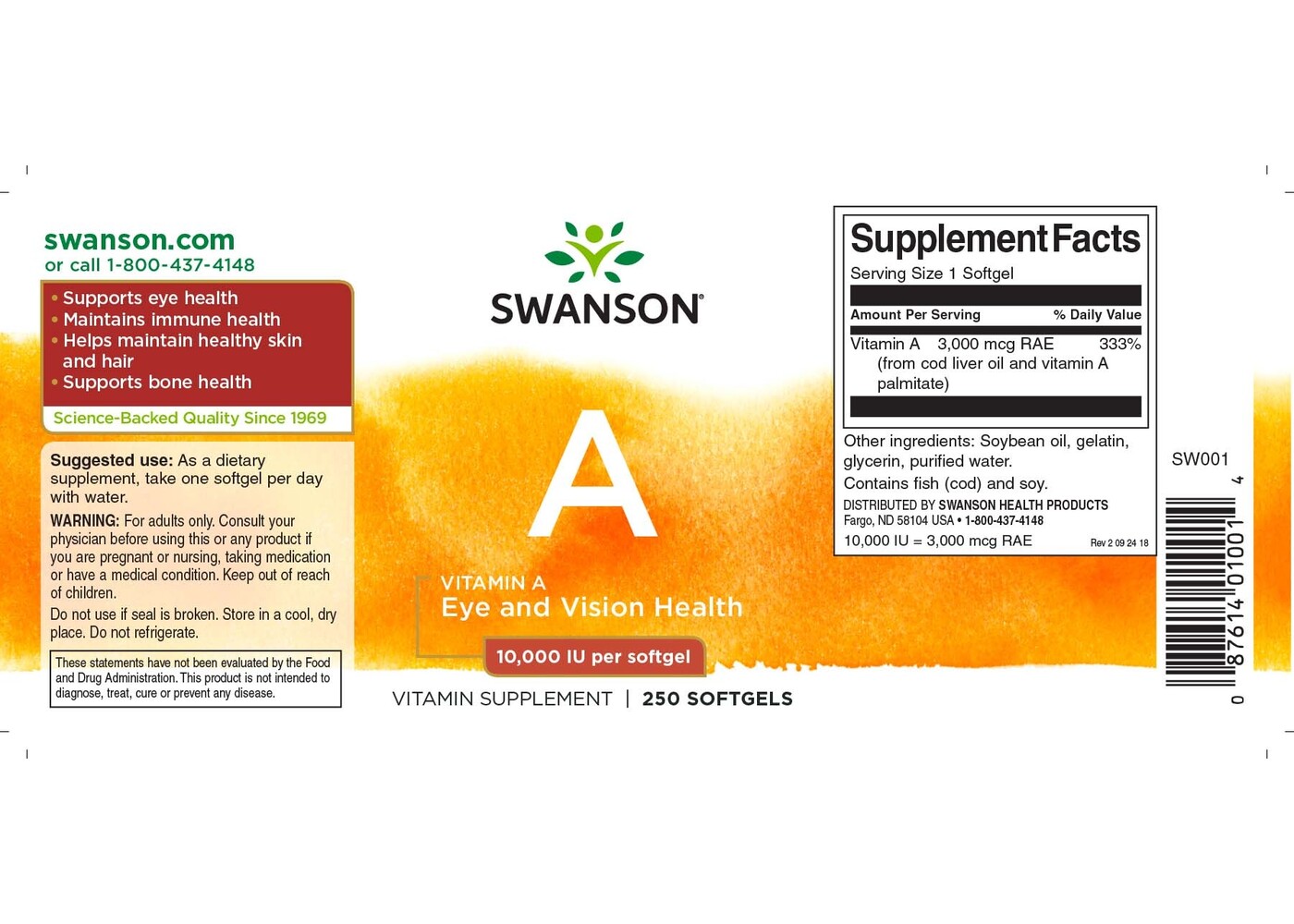 Swanson Vitamin A, 10,000IU, 250 Softgels