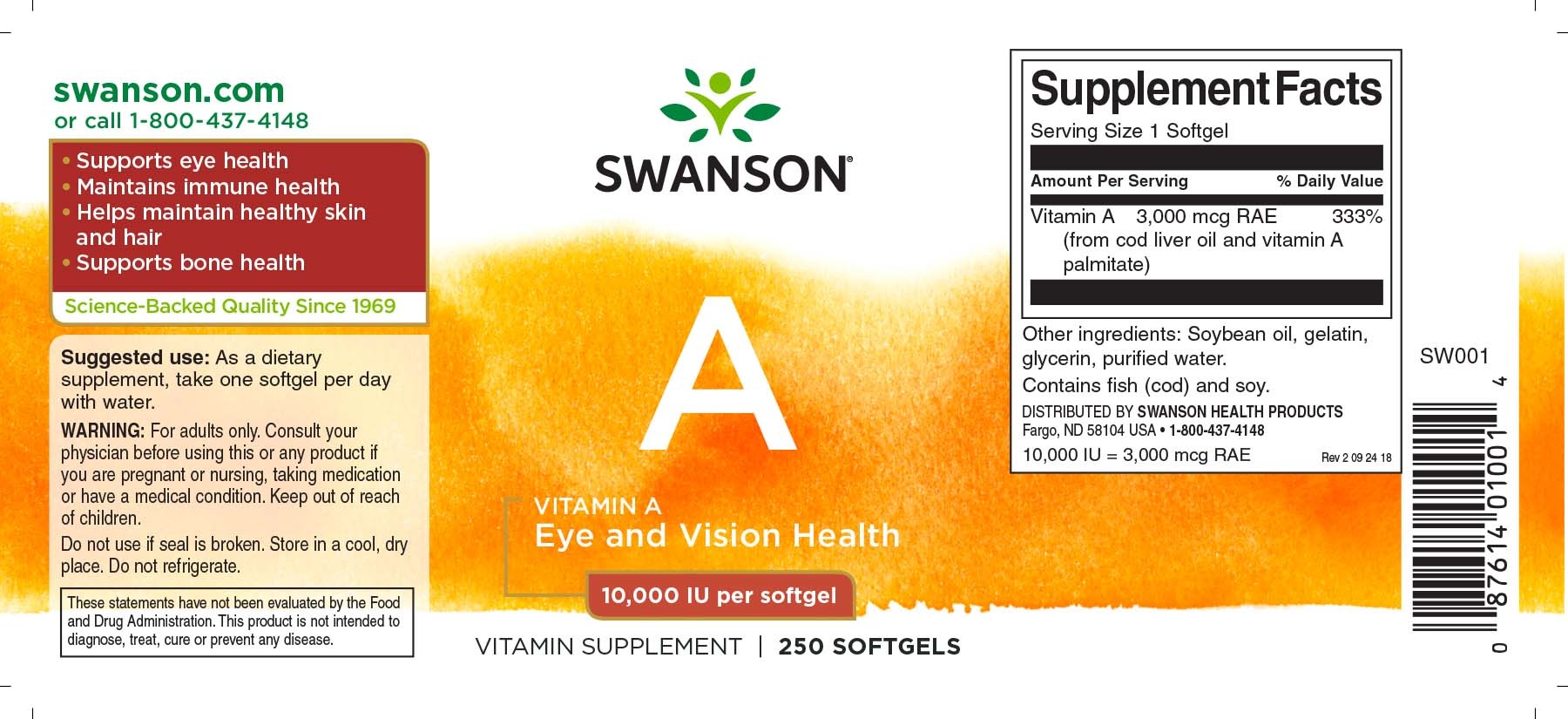 Swanson Vitamin A, 10,000IU, 250 Softgels