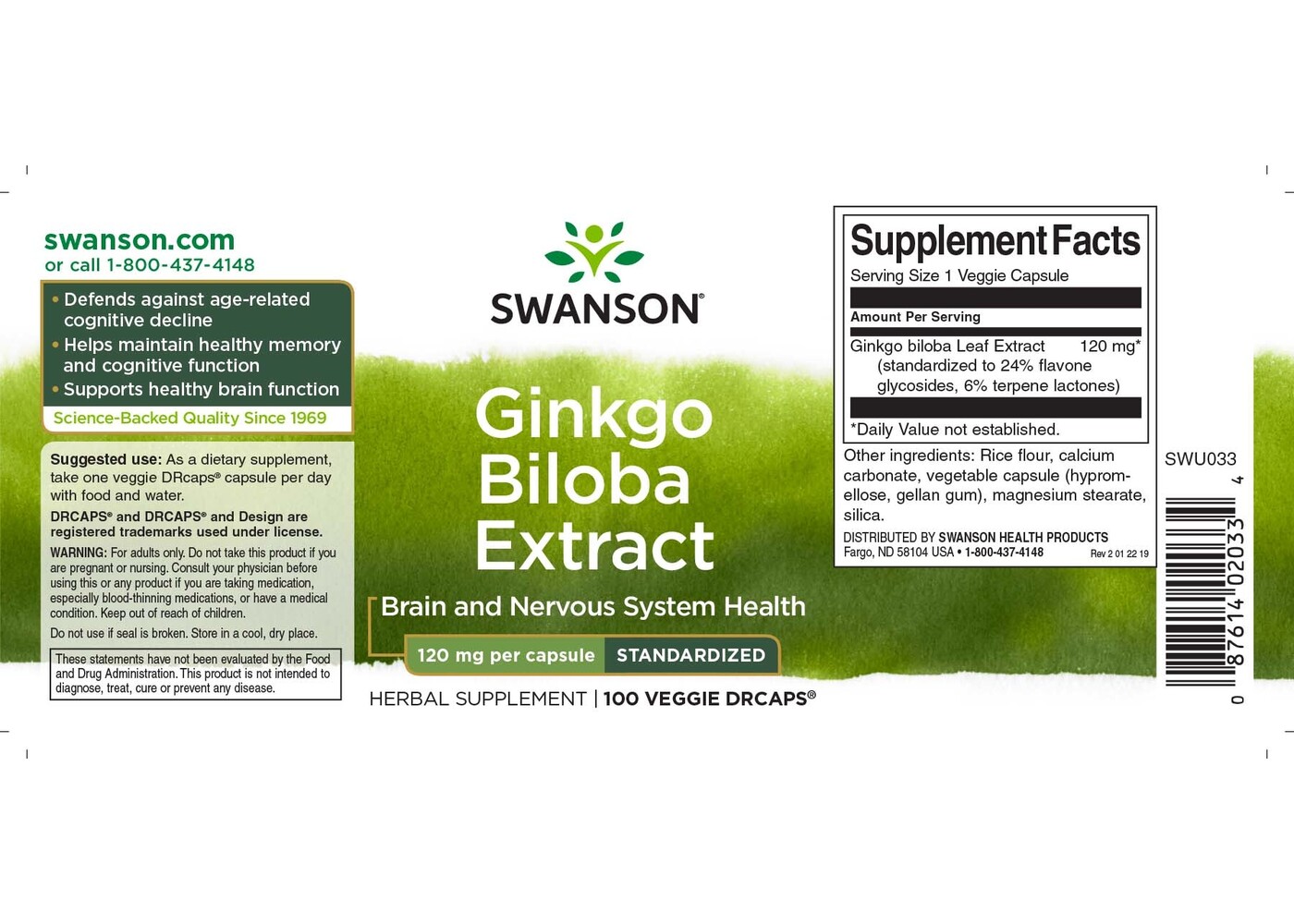 Swanson Delayed-Release Standardized Ginkgo, 120 mg ,100 Veg DR caps