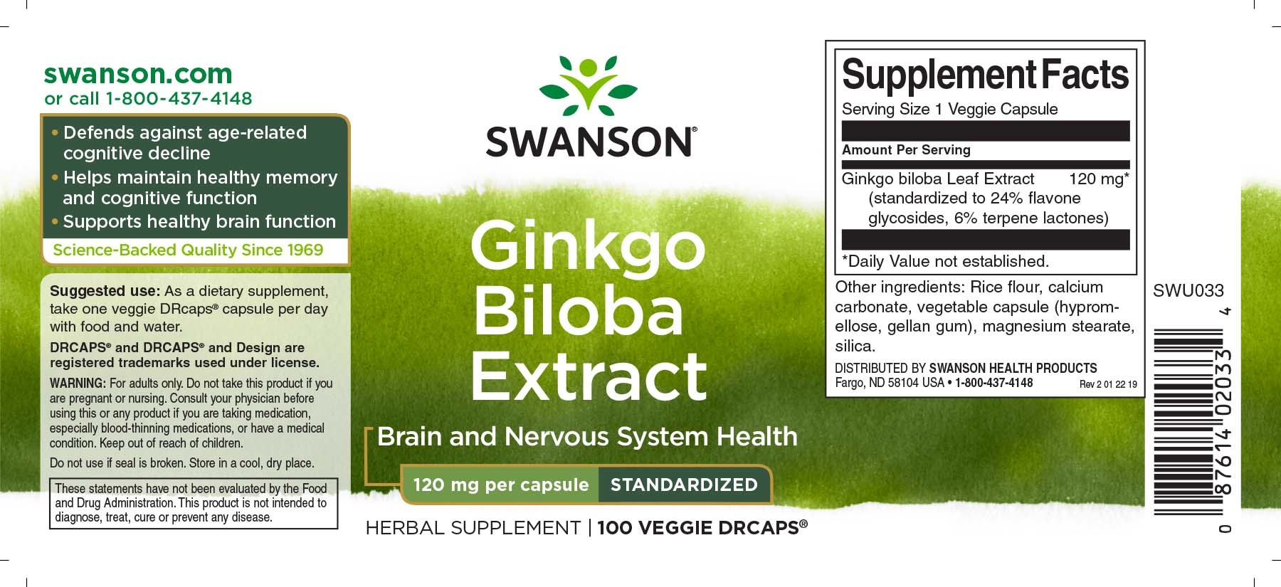Swanson Delayed-Release Standardized Ginkgo, 120 mg ,100 Veg DR caps
