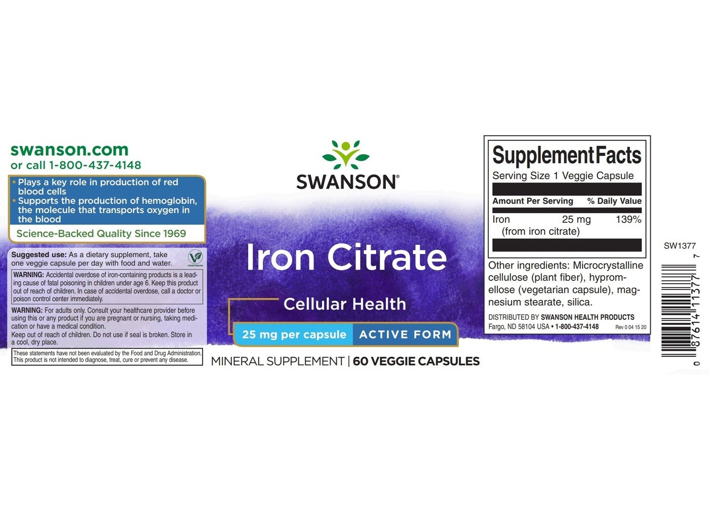 Swanson Iron Citrate, 25 mg, 60 Veg Caps