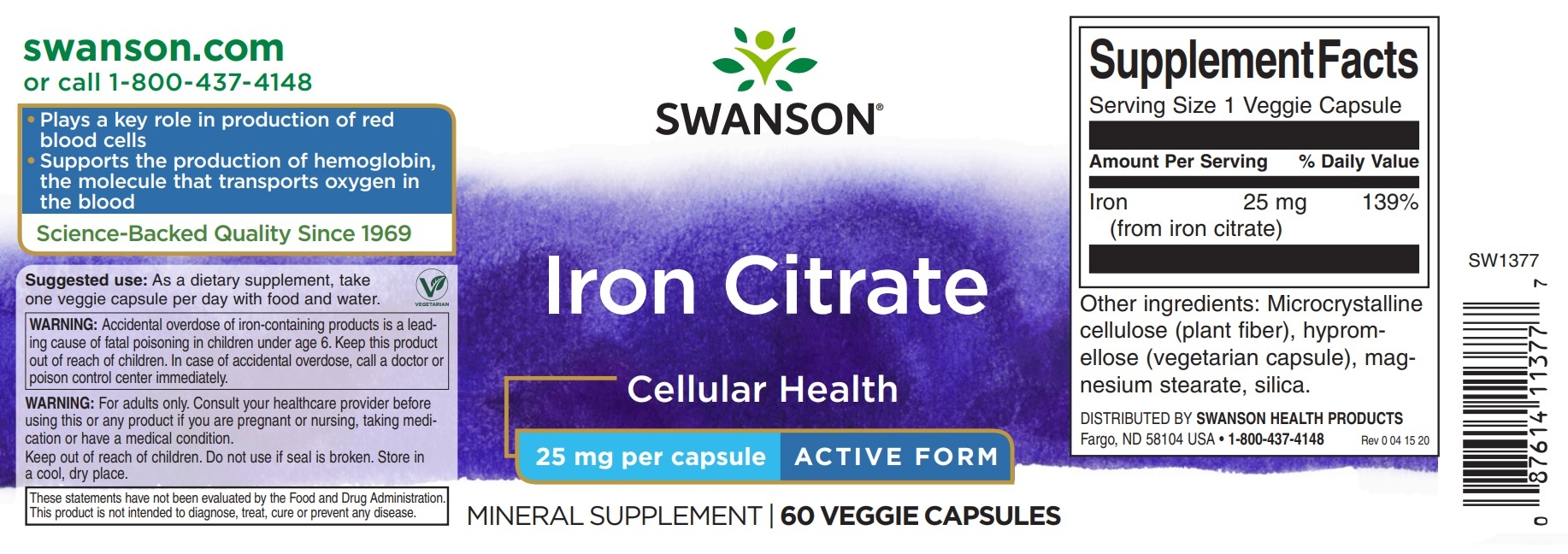 Swanson Iron Citrate, 25 mg, 60 Veg Caps