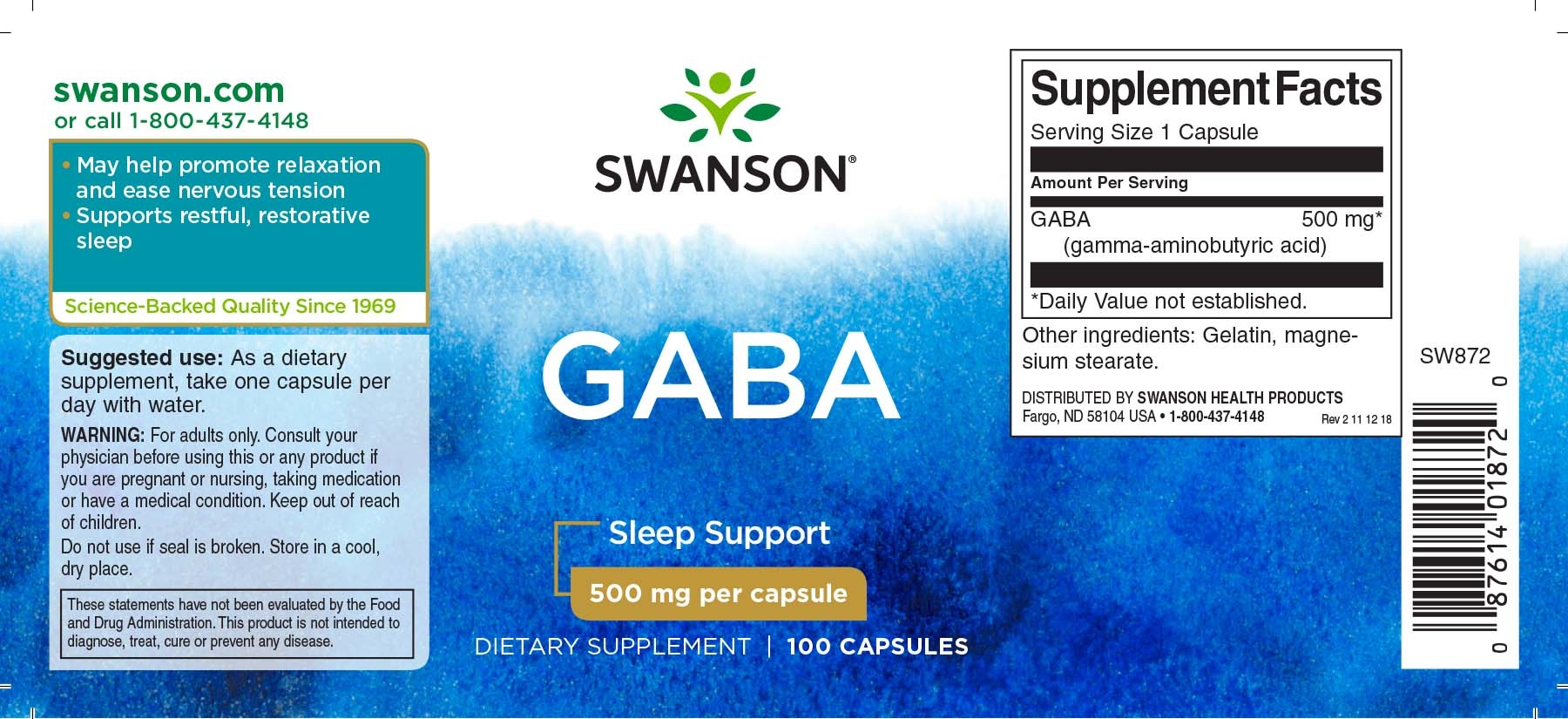 GABA, 500 mg, 100 Caps