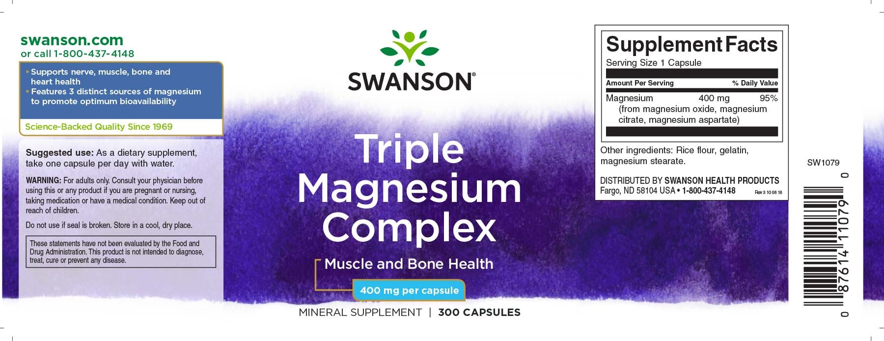 Swanson Triple Magnesium Complex, 400 mg, 300 Caps