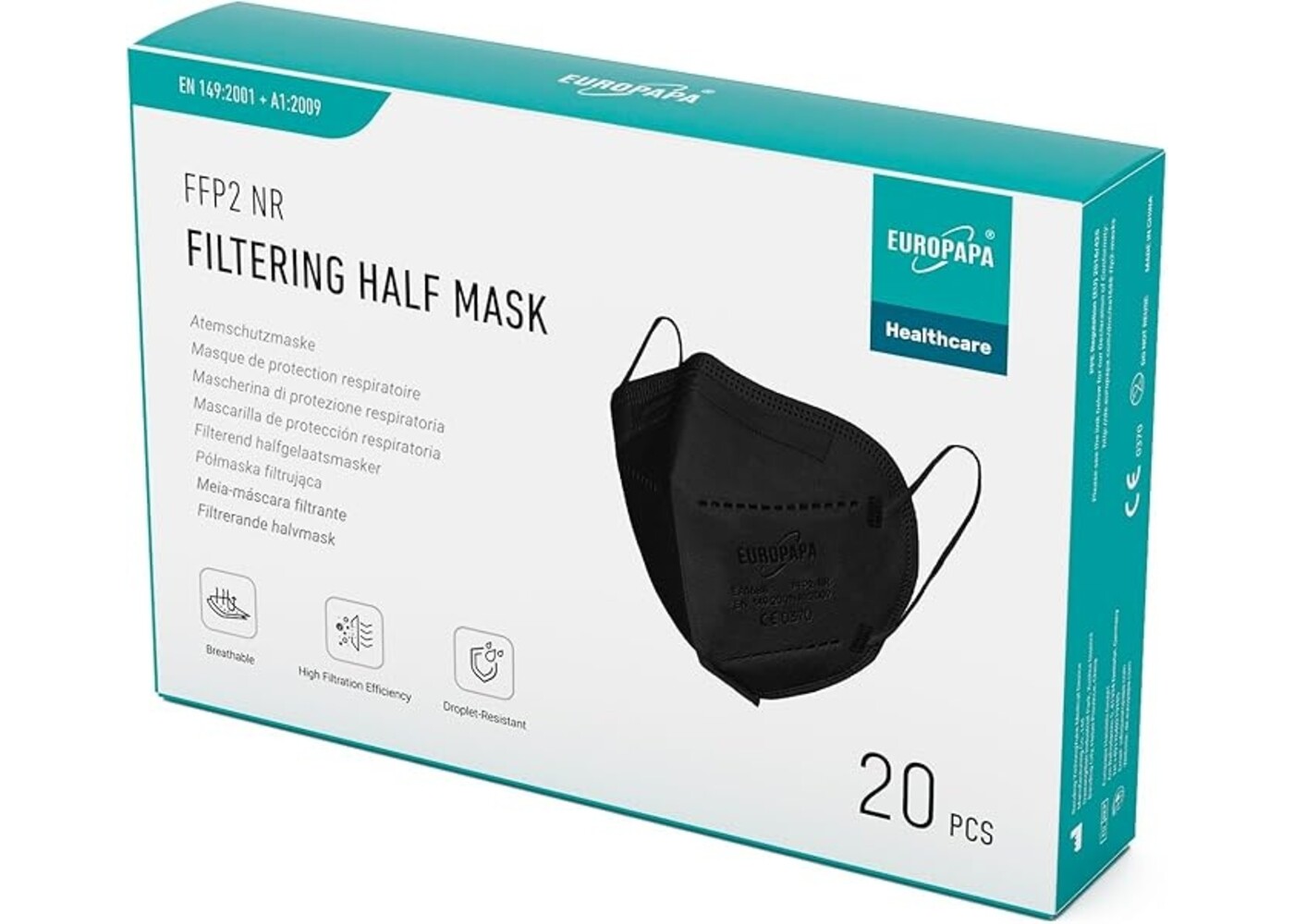 Rexar FFP2 Face Masks Black 5-Layer Respirators – Individually Packed, Pack of 20