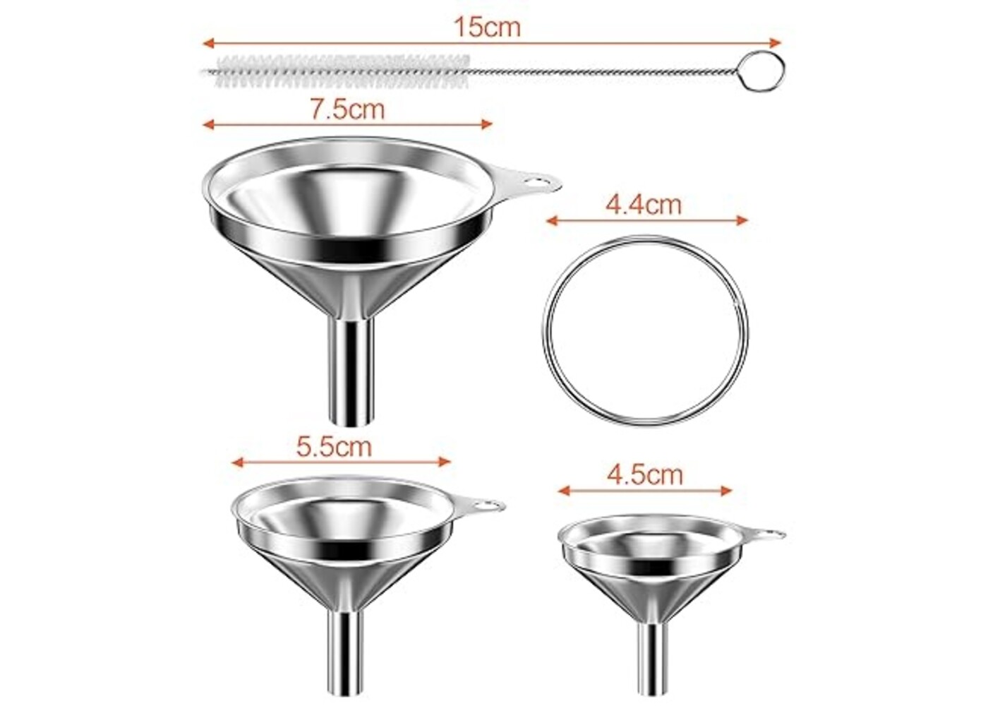 Rexar Stainless Steel Funnel Set with Cleaning Brushes – 3 Sizes (4.5, 5.5 and 7.5 cm)
