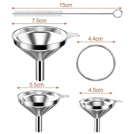 Rexar Stainless Steel Funnel Set with Cleaning Brushes – 3 Sizes (4.5, 5.5 and 7.5 cm)