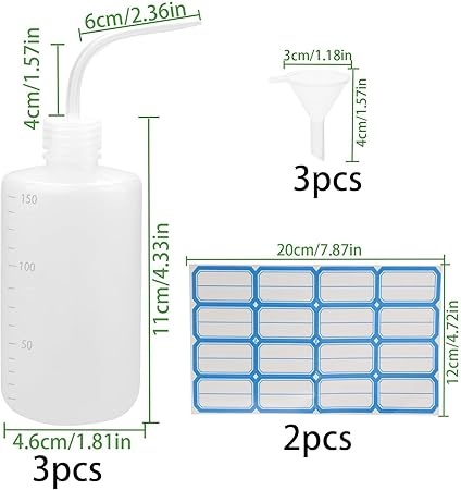 Rexar Laboratory Wash Bottles 150 ml with Curved Spout and Funnel – Pack of 3