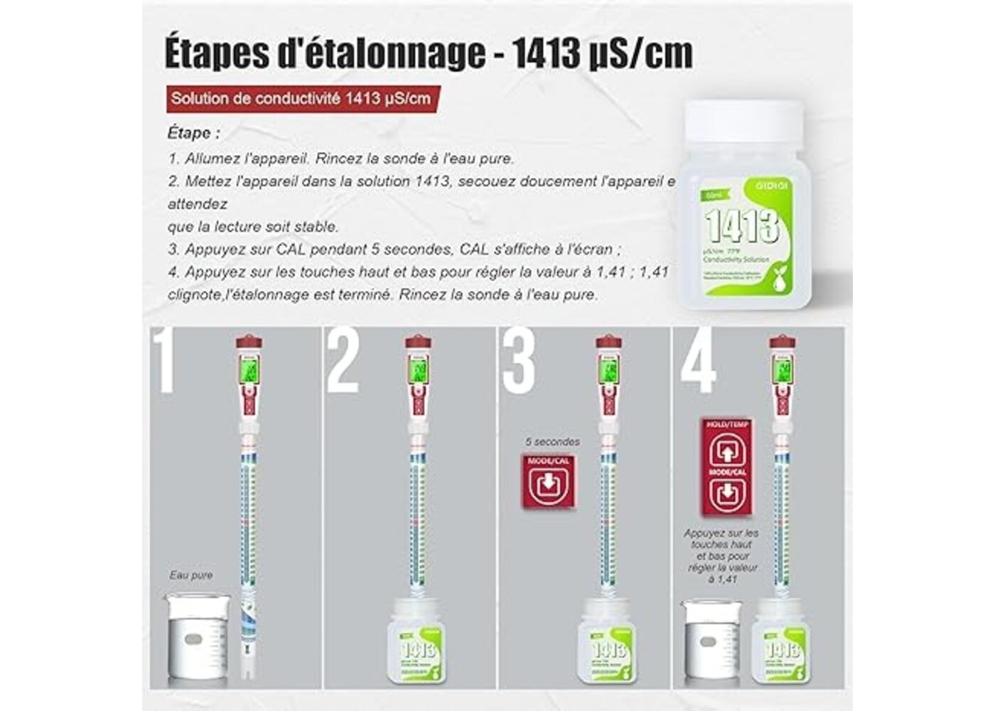 Rexar EC Calibration Solution 1413 µS/cm for EC and TDS Meters – 4 Bottles of 50 ml