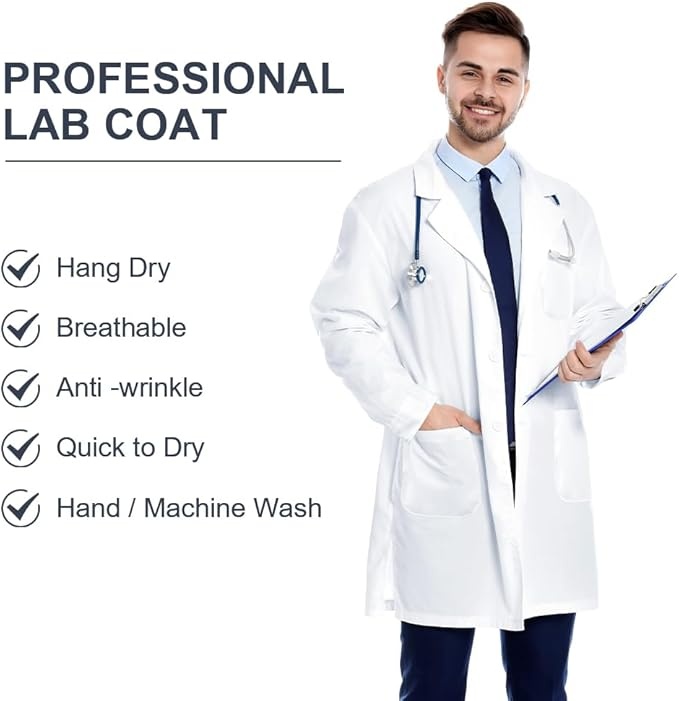 Rexar White Laboratory Coat with Long Sleeves and Storage Pockets – Unisex Lab Coat