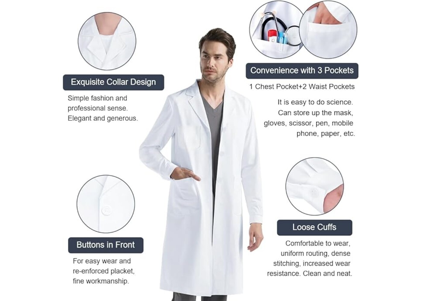 Rexar White Laboratory Coat with Long Sleeves and Storage Pockets – Unisex Lab Coat