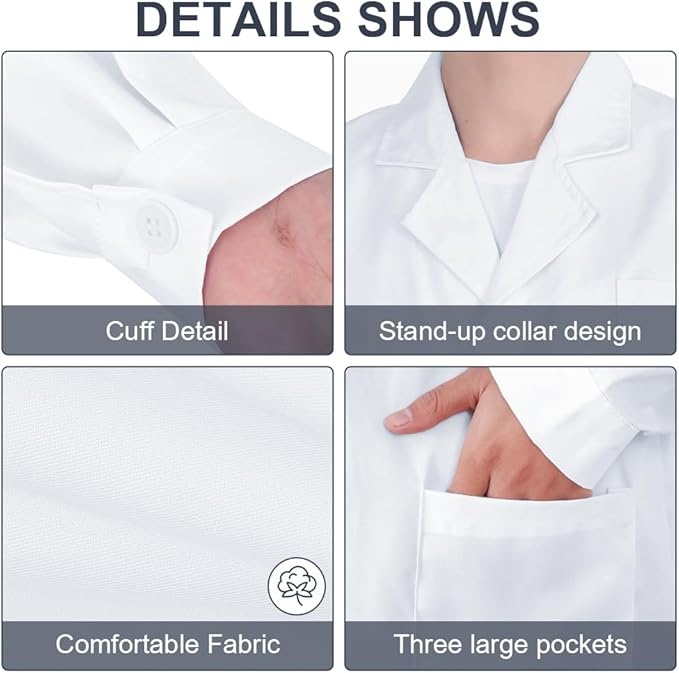 Rexar White Laboratory Coat with Long Sleeves and Storage Pockets – Unisex Lab Coat