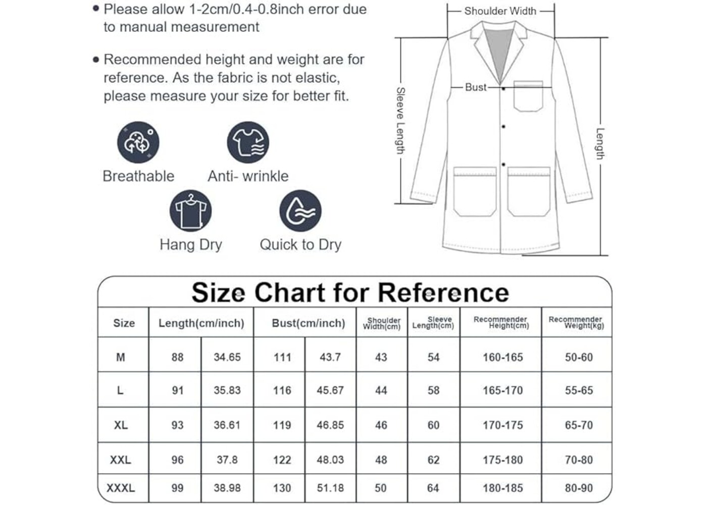 Rexar White Laboratory Coat with Long Sleeves and Storage Pockets – Unisex Lab Coat