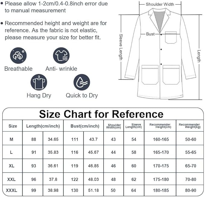 Rexar White Laboratory Coat with Long Sleeves and Storage Pockets – Unisex Lab Coat