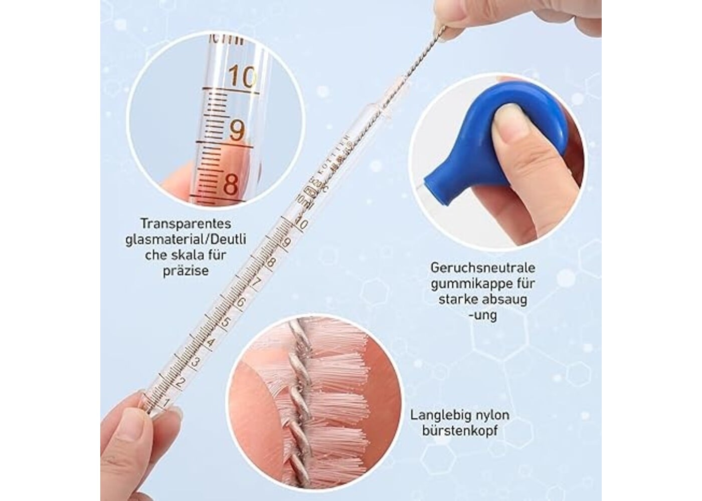Rexar 10 ml Graduated Glass Measuring Pipettes with Rubber Bulbs and Cleaning Brush (2 Pack)