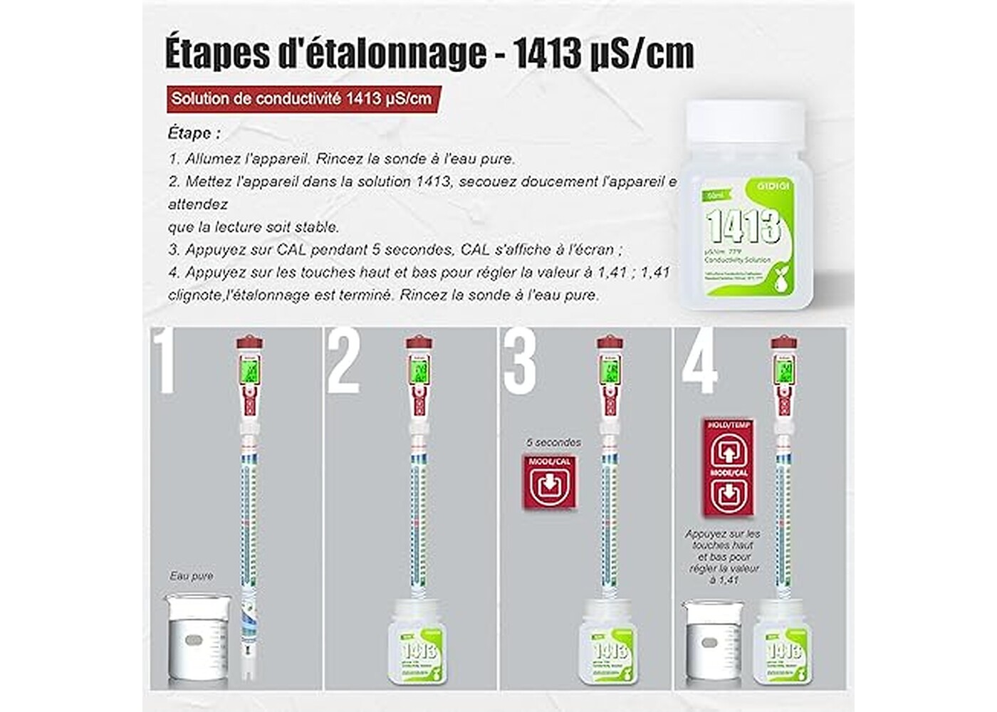 Rexar EC Calibration Solution 1413 µS/cm for EC and TDS Meters – 4 Bottles of 50 ml