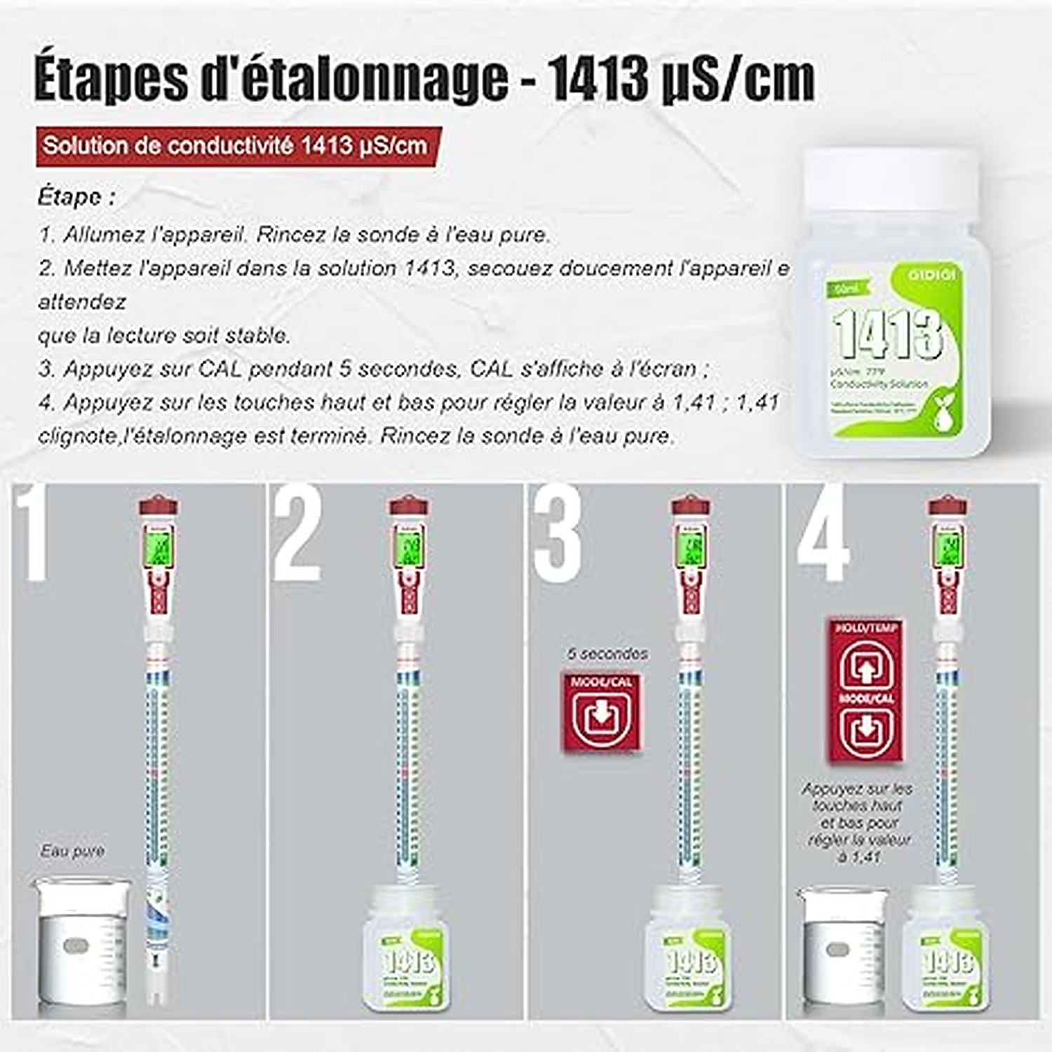 Rexar EC Calibration Solution 1413 µS/cm for EC and TDS Meters – 4 Bottles of 50 ml