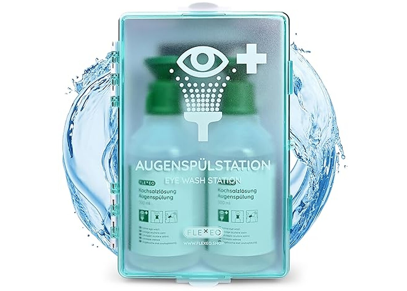 Rexar Emergency Eyewash Station with 2 × 500 ml Sterile Saline Solution Bottles and Wall Mount