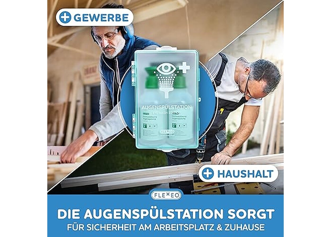 Rexar Emergency Eyewash Station with 2 × 500 ml Sterile Saline Solution Bottles and Wall Mount