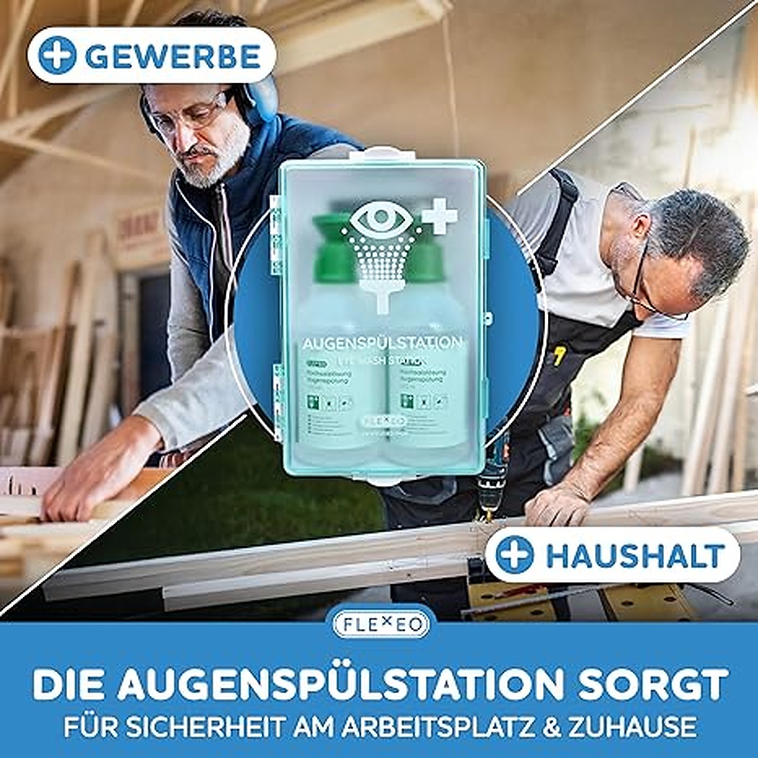 Rexar Emergency Eyewash Station with 2 × 500 ml Sterile Saline Solution Bottles and Wall Mount